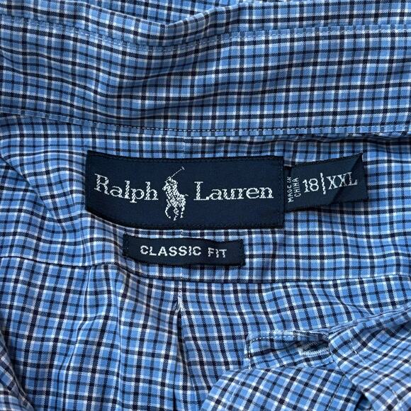 Vintage Polo Ralph Lauren Blue Micro Plaid Classic Fit Poplin Button Down XXL - Picture 2 of 6